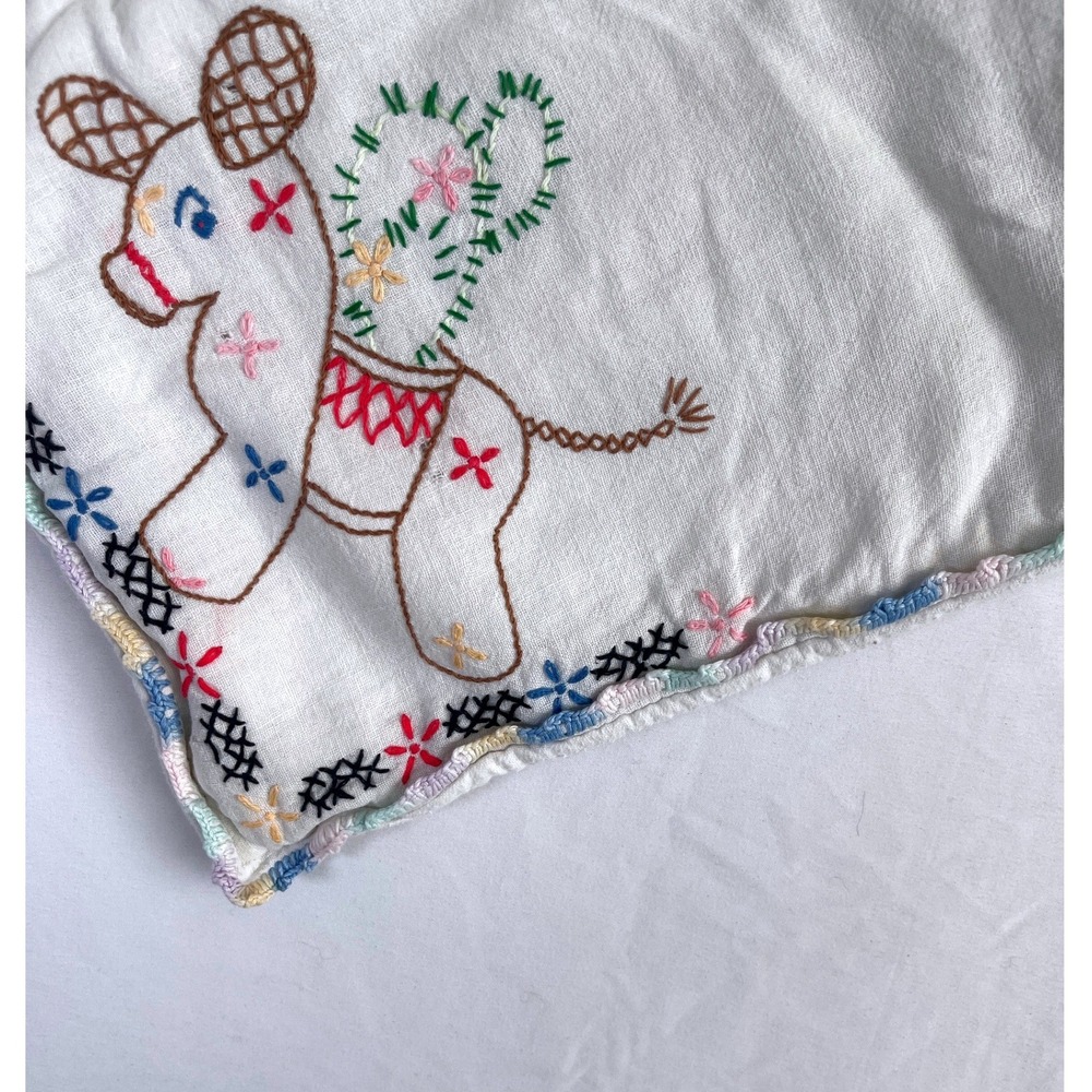 Vintage Hand Embroidered Burp Cloth White Cotton Donkey Folk Art Crochet Edge - Picture 6 of 6
